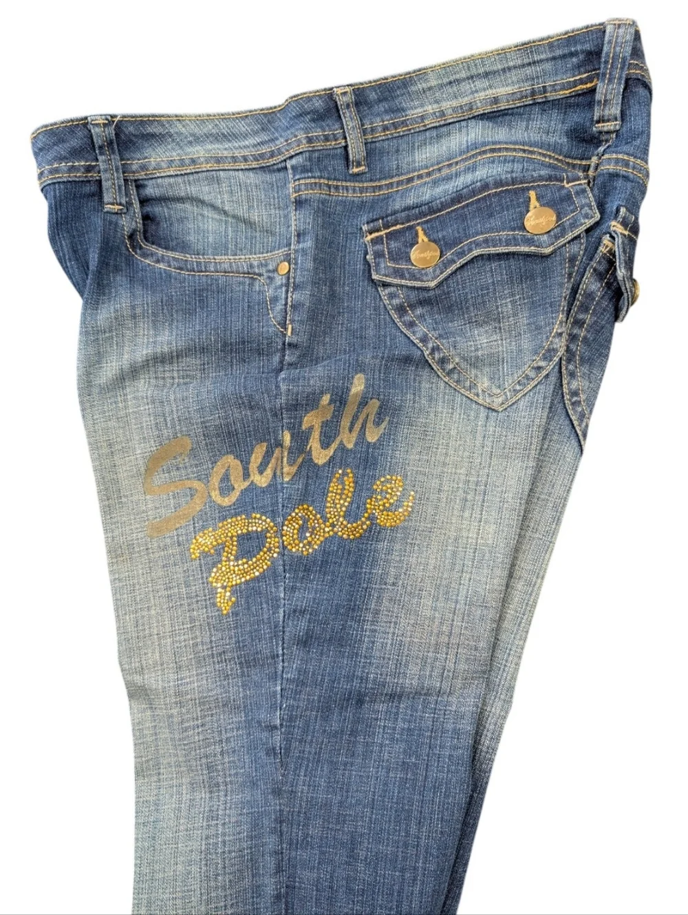 Y2K South Pole Rolled Cuff Denim Capri Jeans with Gold Stud Logo. Sz. 13. W: 36